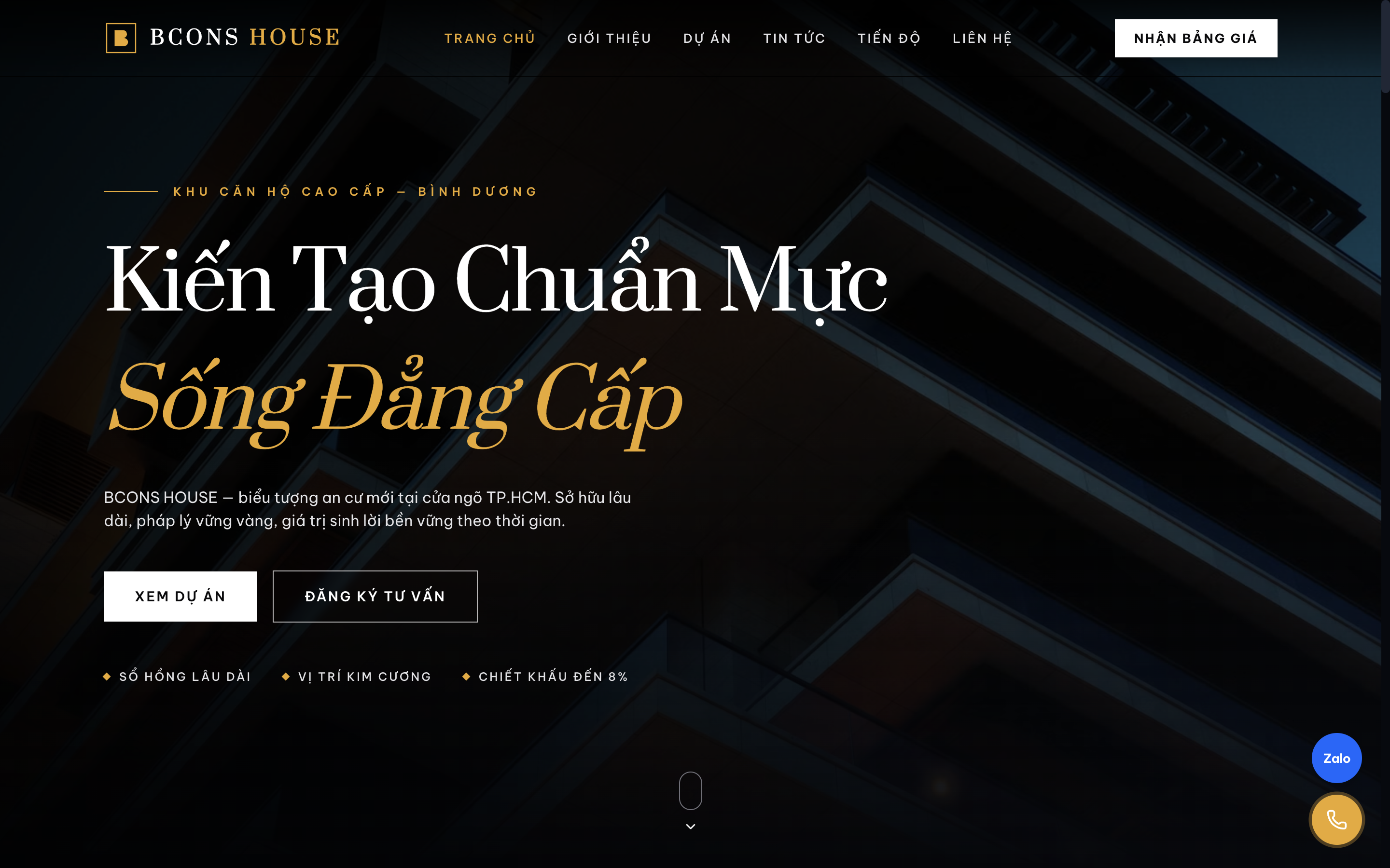 Giao diện trang chủ mẫu website bất động sản Bcons House chuẩn phong cách sống sang trọng